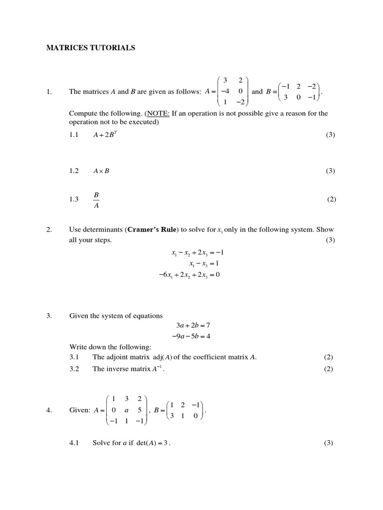 Matrices Operations and Cramer's Rule Guide | PDF | Matrix (Mathematics ...