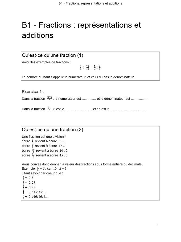 B1 - Fractions - Représentations Et Additions | PDF | Arithmétique | Nombre