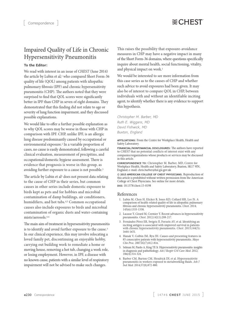 Impaired Quality of Life in Chronic Hypersensitivi | PDF | Epidemiology ...