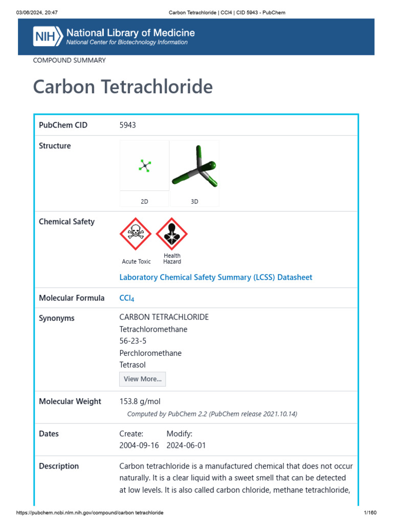 Gallery Detail: Carbon Tetrachloride Ccl4 Cid 5943 Pubchem