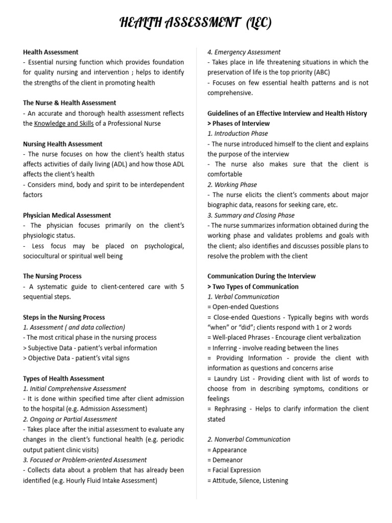 Comprehensive Nursing Health Assessment | PDF | Nursing | Physical ...