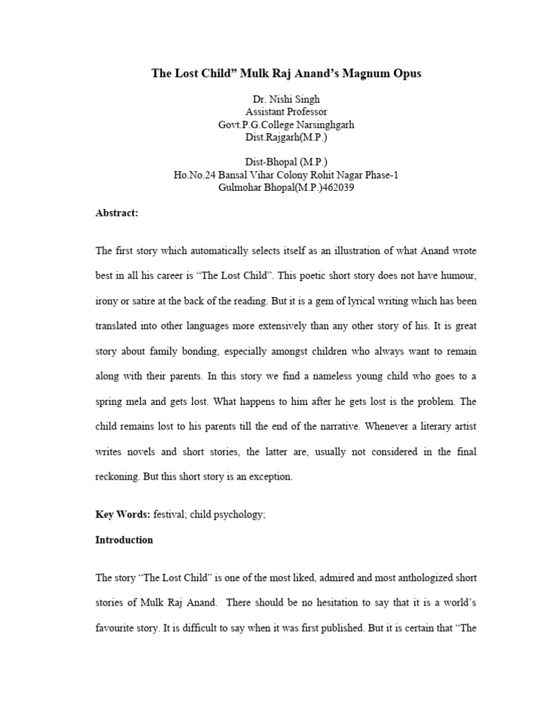 What Is The Central Idea Of The Story The Lost Child By Mulk Raj Anand