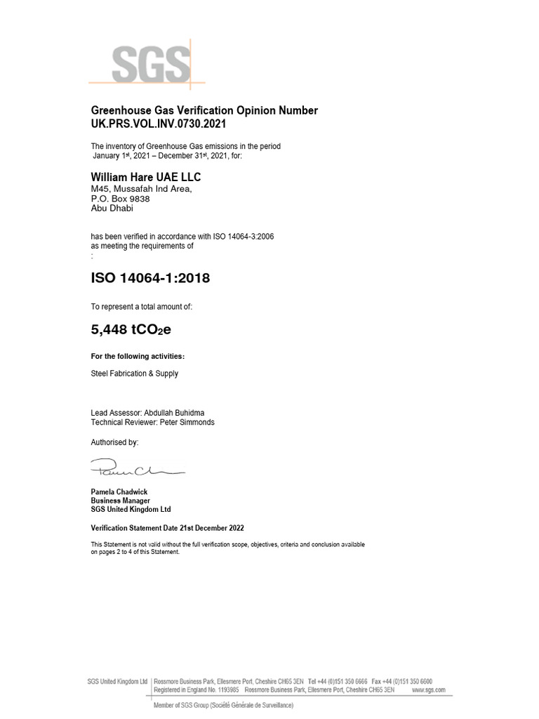 Wh Uae Ghg Verification Statement Report 2021 Pdf Greenhouse Gas