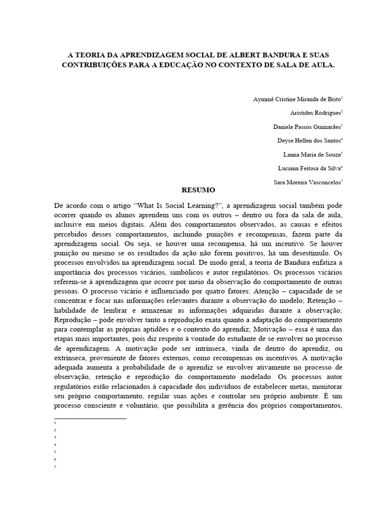 Aprendizagem Social de Bandura na Educação | PDF | Aprendizado | Sociologia
