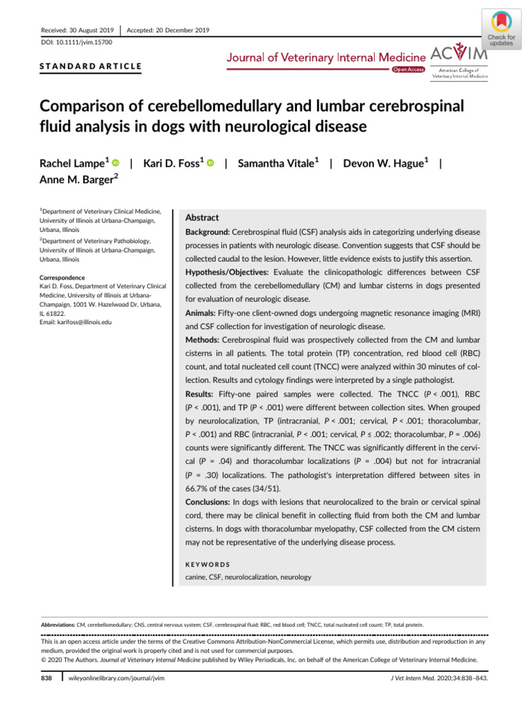 CSF Analysis in Dogs: CM vs. Lumbar | PDF | Cerebrospinal Fluid ...