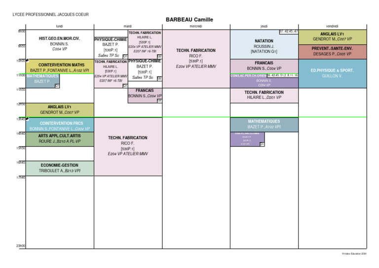 Weekly Class Schedule for Camille Barbeau | PDF