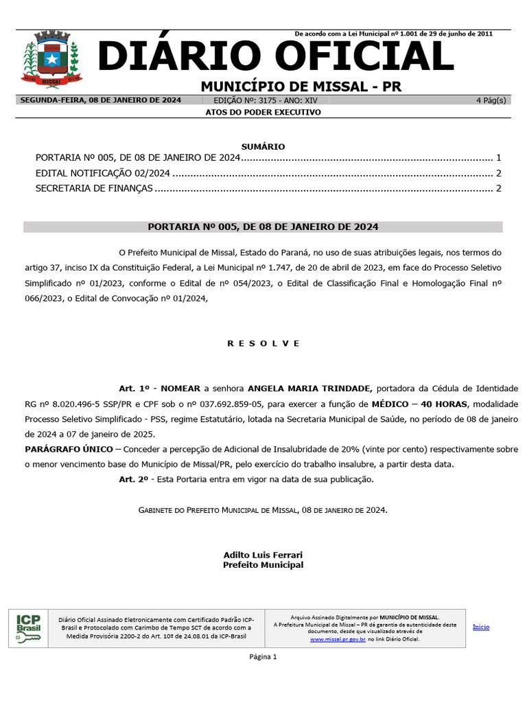 Atos do Executivo de Missal - 08/01/2024 | PDF | Governo