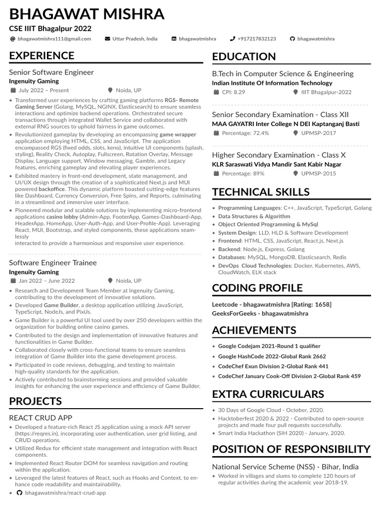 Bhagawat Mishra: Software Engineer Profile | PDF | Computer Engineering ...