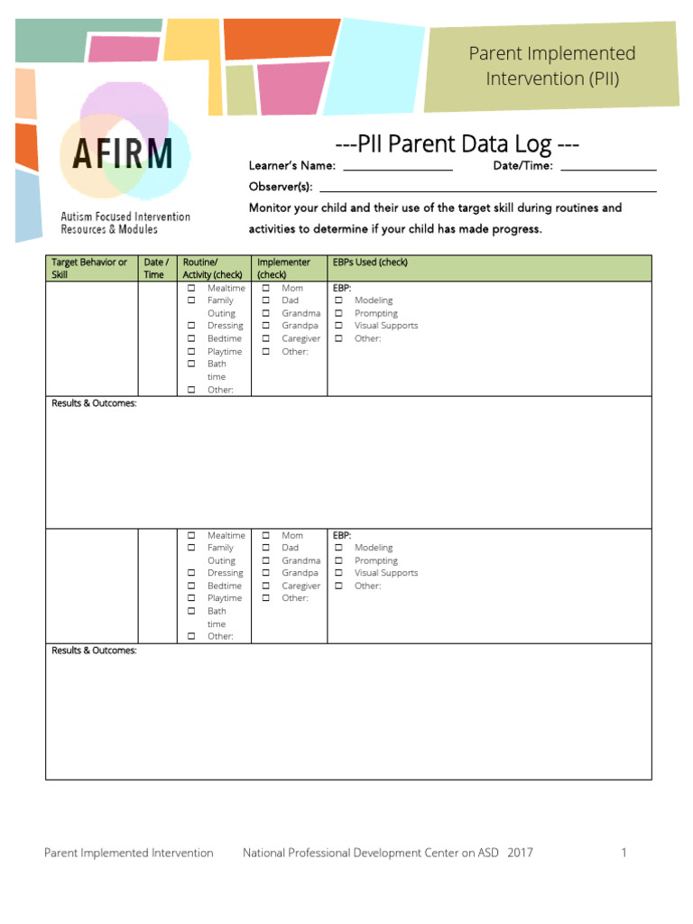 Parent Implemented Intervention Log | PDF | Caregiver | Behavior ...