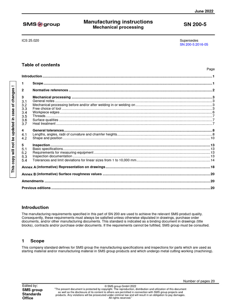 SMS SN200-5 2022 Manufacturing Instructions - Mechanical Processing ...