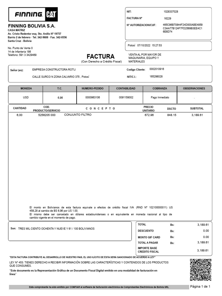 Factura: Finning Bolivia S.A | PDF | Factura | Economias