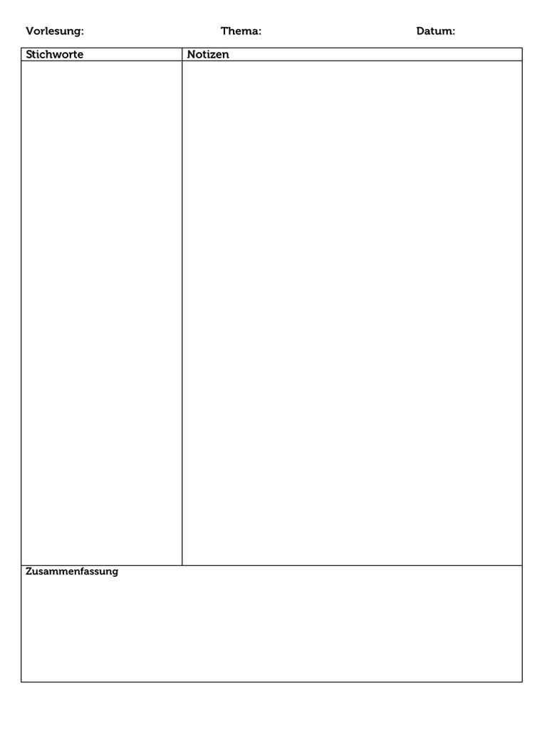 Cornell Methode Vorlage Cornell Notes Template PDF