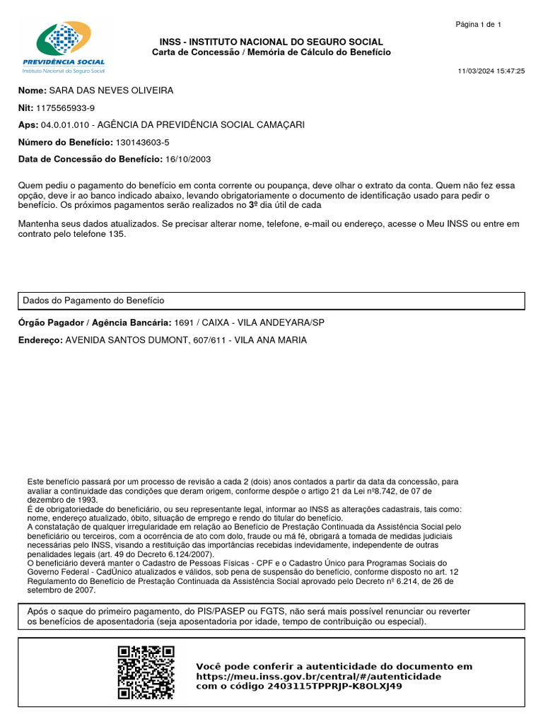 Carta de Concessão INSS: Detalhes e Pagamento | PDF