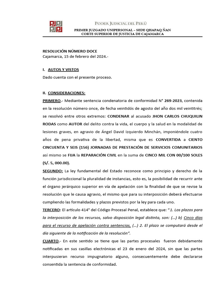 Condena por Lesiones Graves en Cajamarca | PDF | Apelación | Sentencia ...