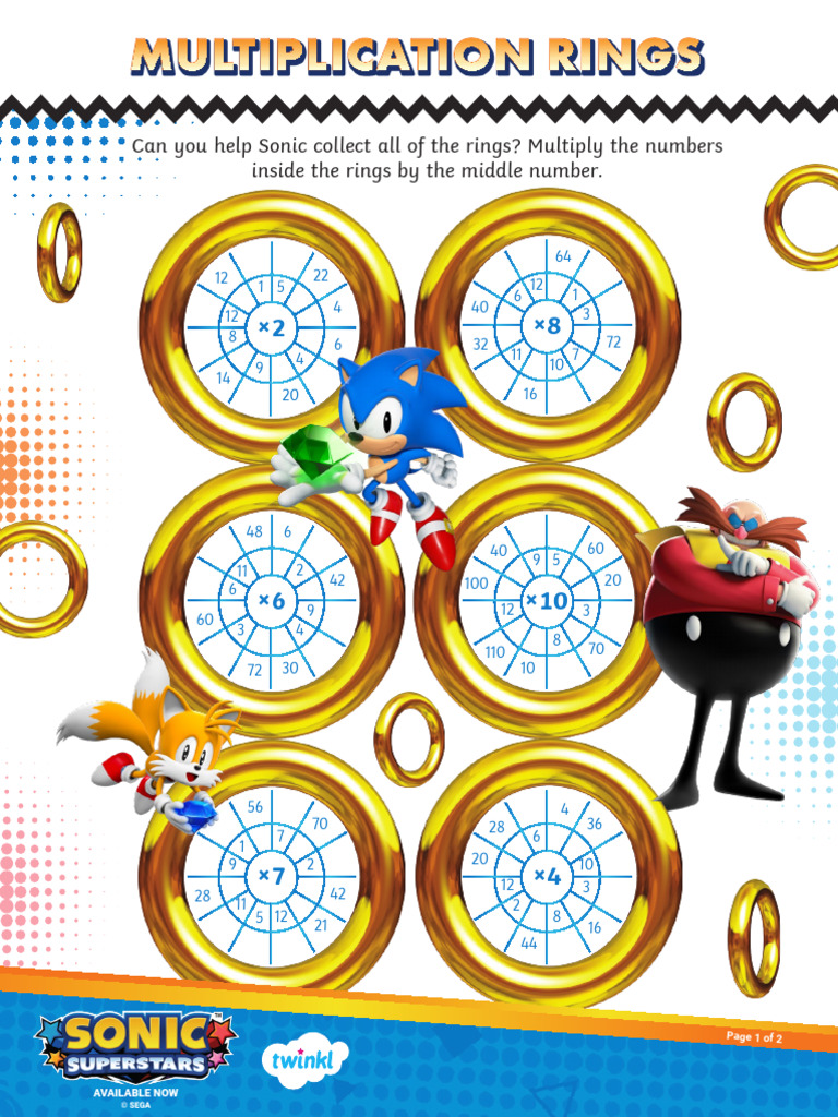 Free sonic times tables to 12x multiplication rings activity us m