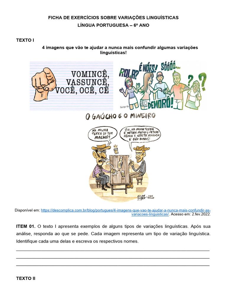 Exercícios de Variação Linguística 6º Ano | PDF | Gramática | Português ...