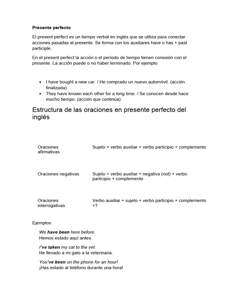 Guía del Presente Perfecto en Inglés | PDF | Verbo | Asunto (gramática)