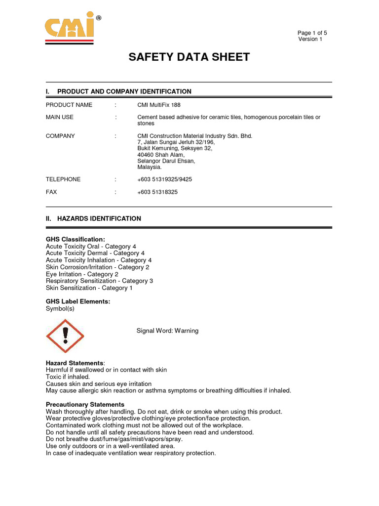CMI MultiFix 188 Safety Data Sheet | PDF | Toxicity | Occupational ...
