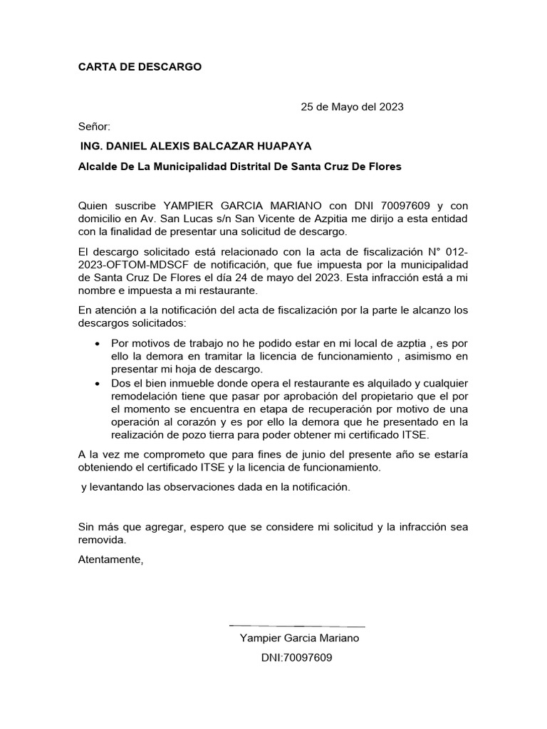 Modelo De Carta De Descargo Laboral Profesional Nombre De La Empresa ...