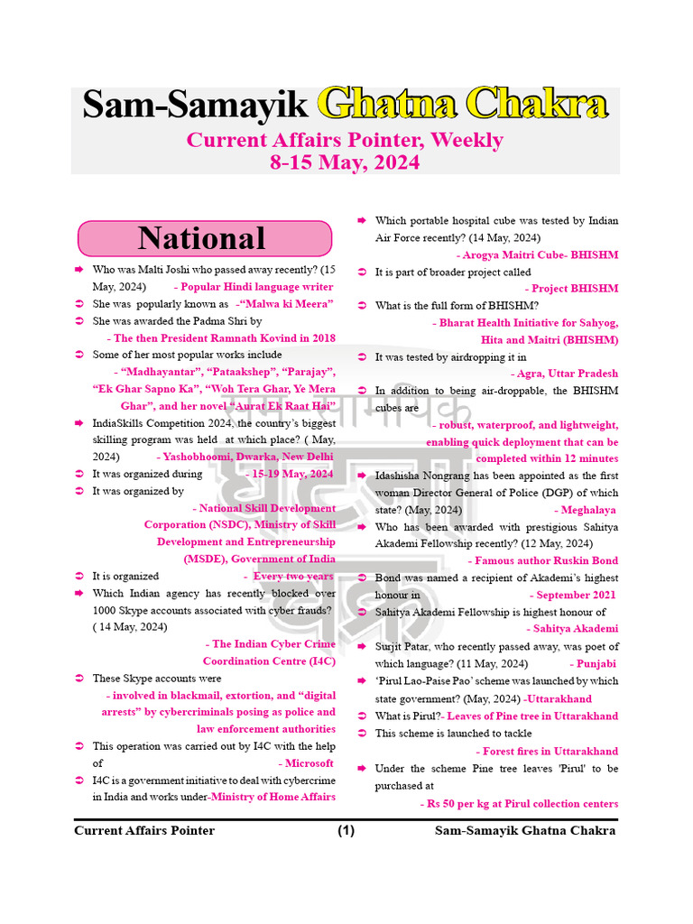 Current Affairs Pointer, Weekly 08 May To 15 May, 2024 | PDF ...