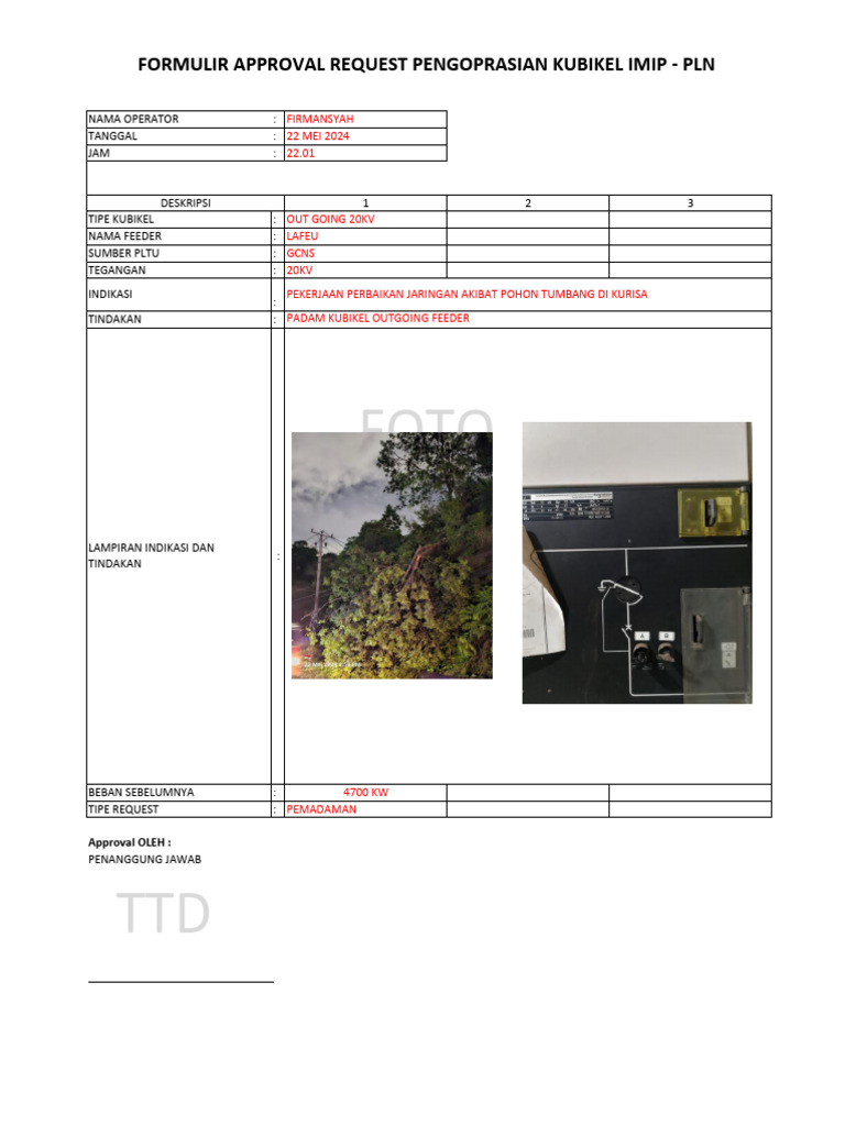 Contoh Form Aproval Request Pengoprasian Kubikel Untuk Pemadaman ...