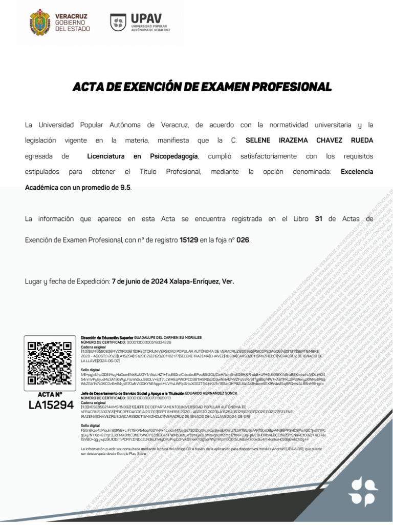 Acta De Exenci n De Examen Profesional PDF