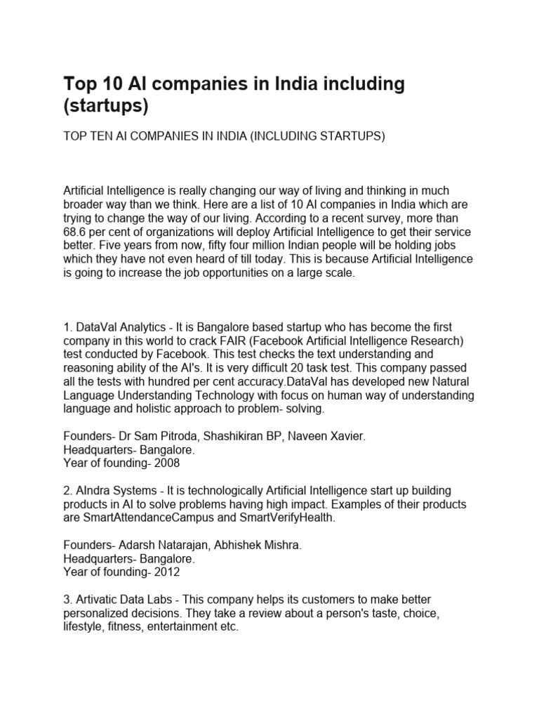 Top 10 AI Companies in India | PDF | Artificial Intelligence ...