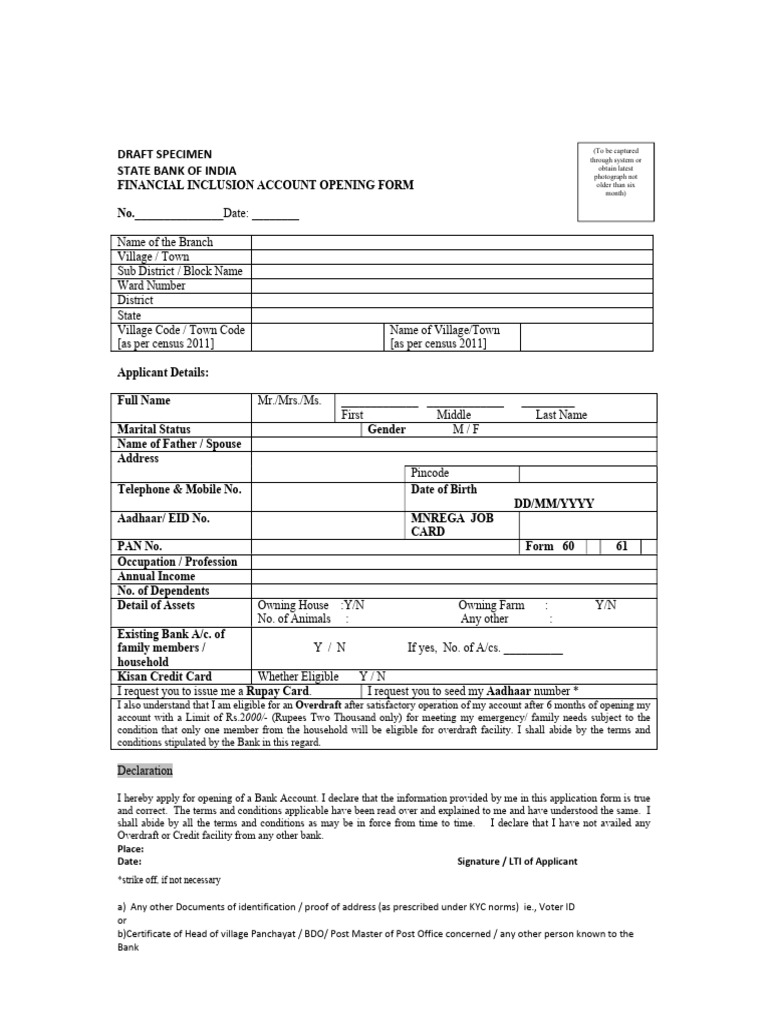 SBI Financial Inclusion Account Form | PDF | Payments