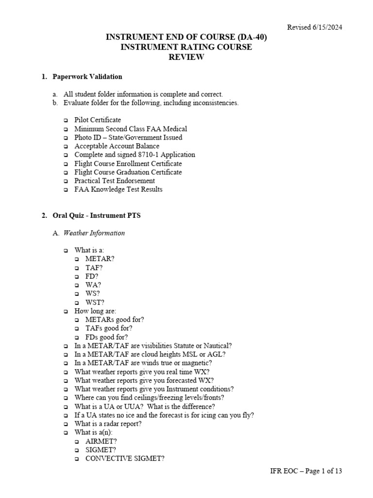 Instrument End of Course (Da-40) Instrument Rating Course Review | PDF ...