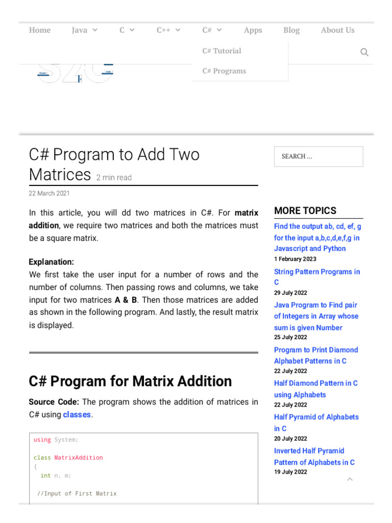 C# Program To Add Two Matrices - Simple2Code | PDF | Matrix ...