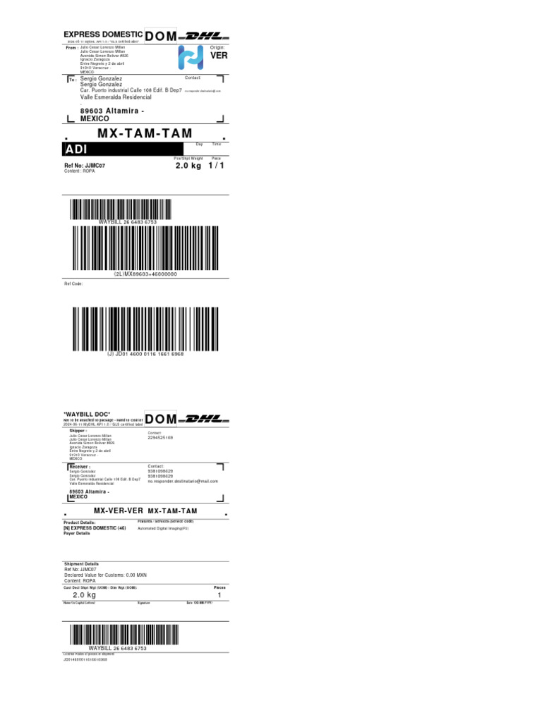 MyDHL API Domestic Shipment Details | PDF