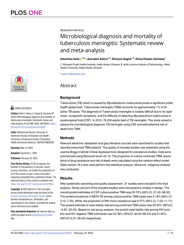 Journal Pone 0279203 | PDF | Tuberculosis | Meningitis
