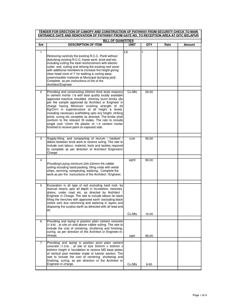 Bill of Quantities for Walkway Construction | PDF | Brick | Masonry