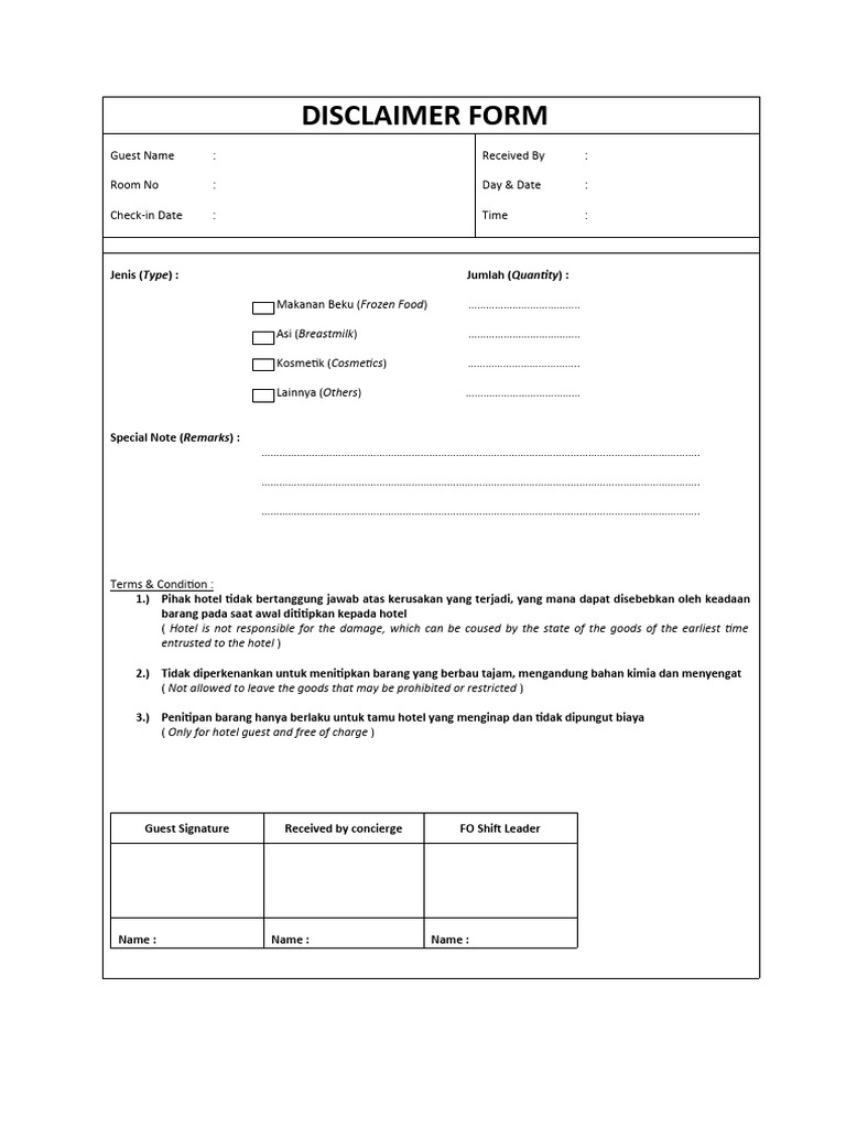 Formulir Disclaimer Penitipan Barang Hotel | PDF