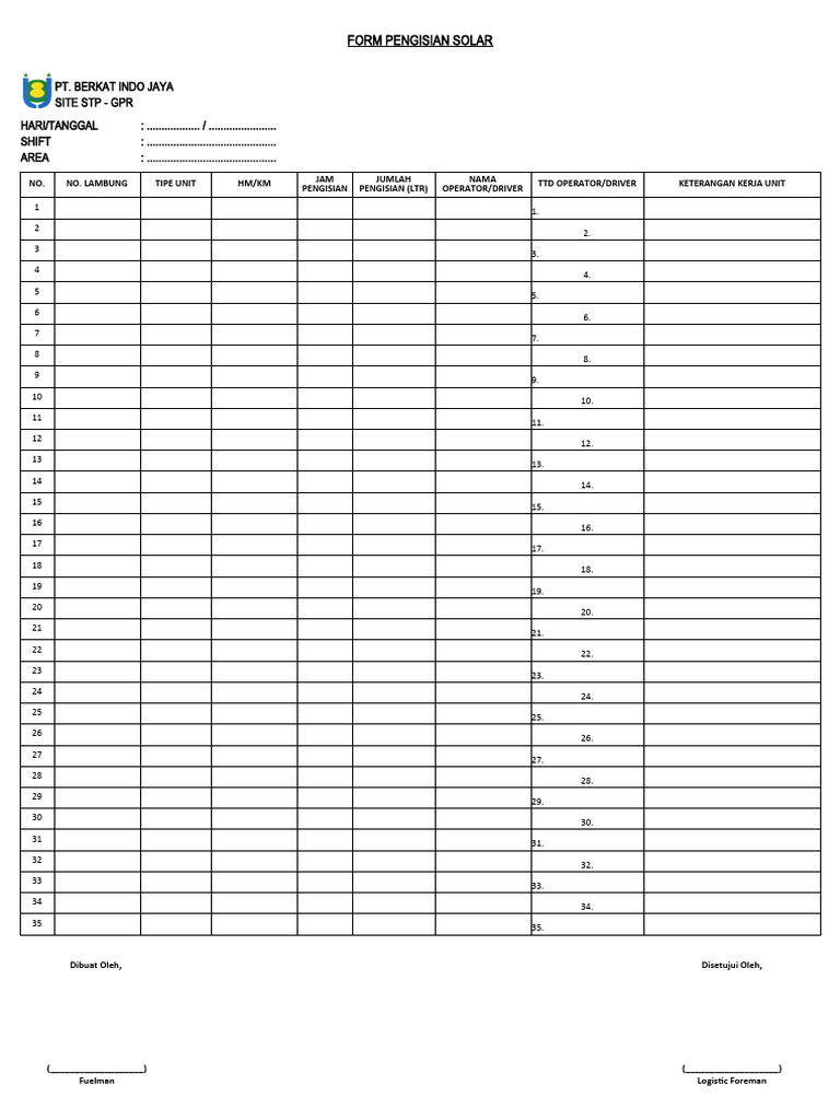 Formulir Pengisian Solar Harian | PDF