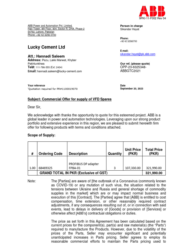 ABB Quotation for VFD Spares Supply | PDF | Indemnity | Breach Of Contract