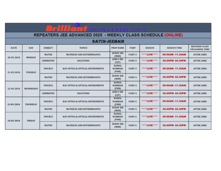 JEE Advanced 2025 Weekly Class Schedule | PDF