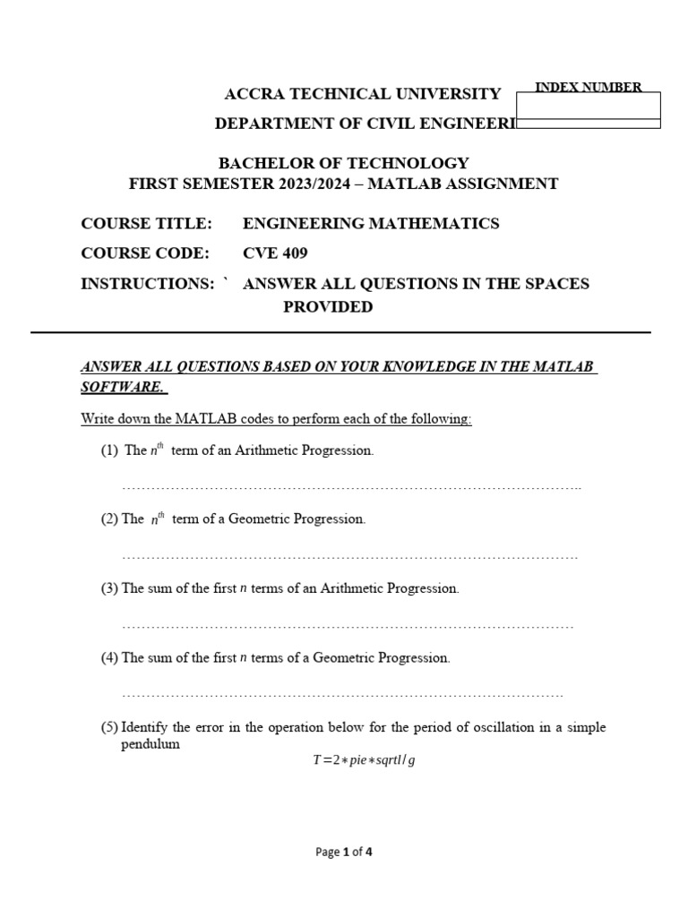 MATLAB Assignment for Engineering Math | PDF | Mathematics | Algebra