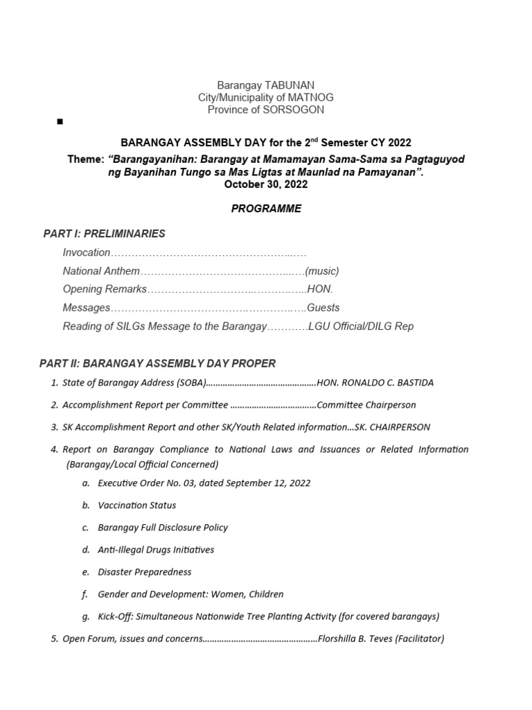 Barangay Tabunan Assembly Day 2022 | PDF