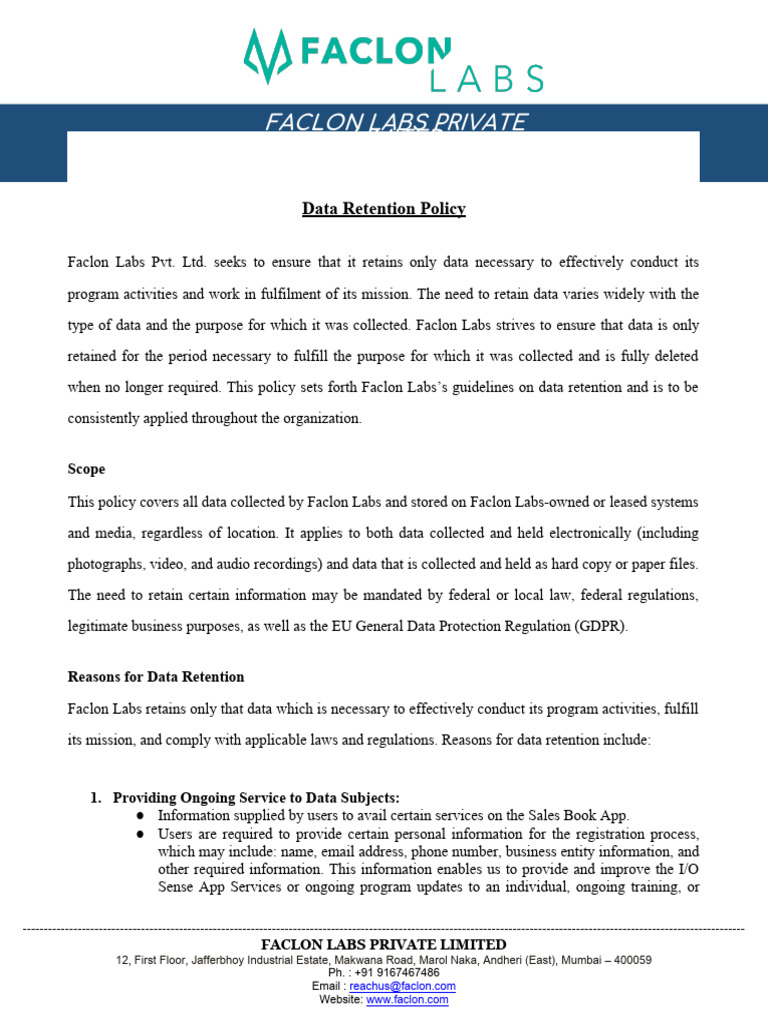Faclon Labs Data Retention Policy | PDF | Regulatory Compliance ...