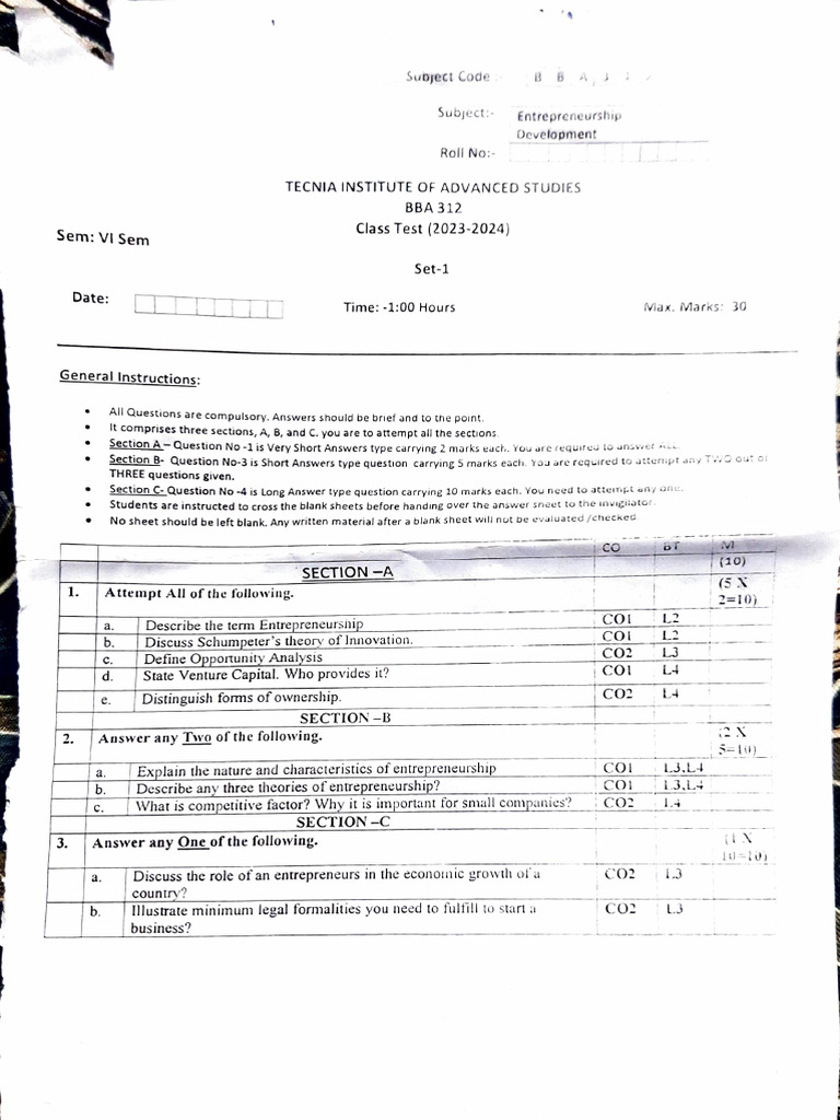 Bba 6th Sem Question Paper | PDF | Entrepreneurship | Business Process