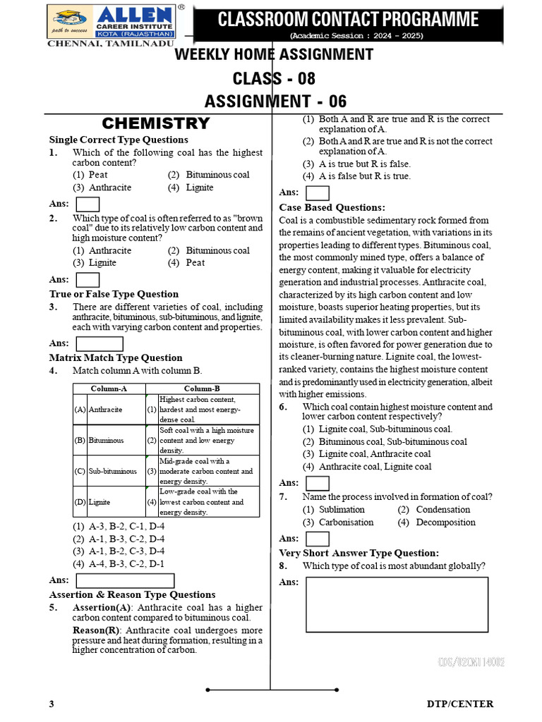 Chemistry Coal Types Assignment | PDF | Bituminous Coal | Coal