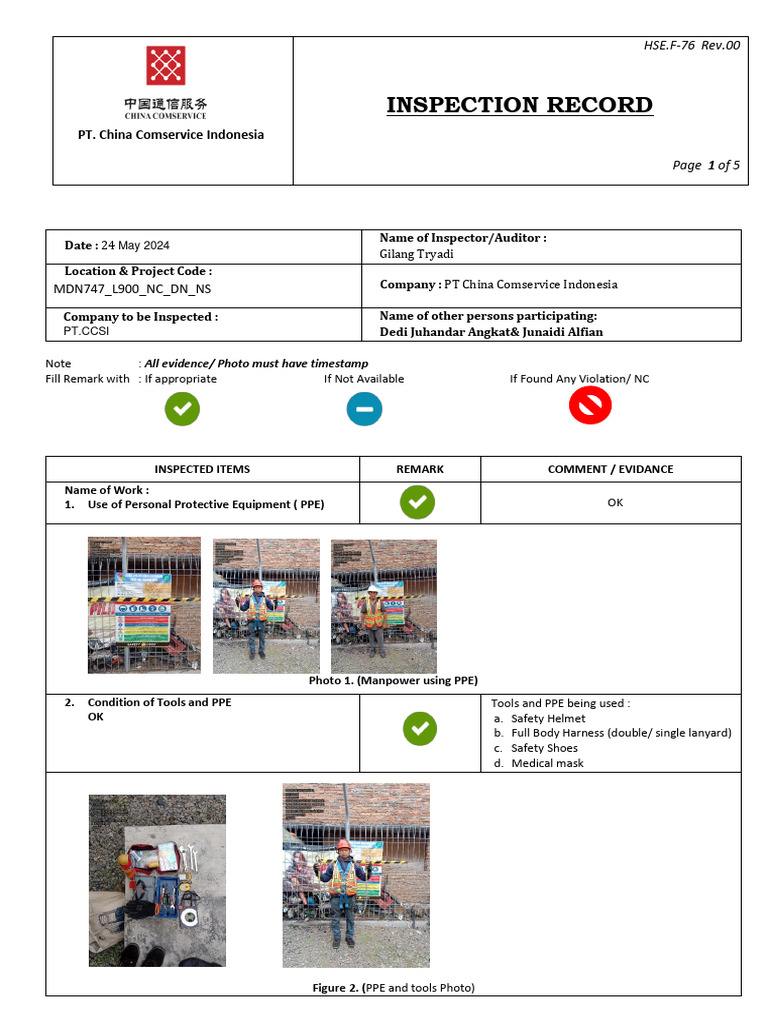 QHSE. F-76 Site Inspection Record - MDN747 - L900 - NC - DN - NS - 24 ...