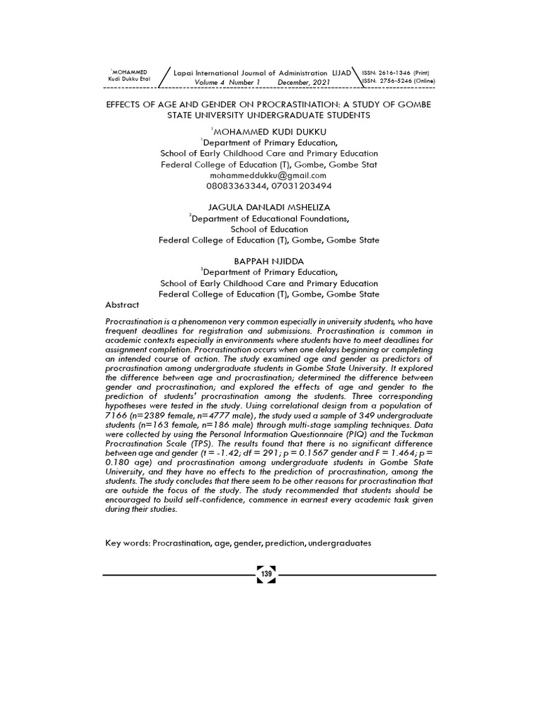 Age and Gender Effects on Procrastination | PDF | Procrastination ...