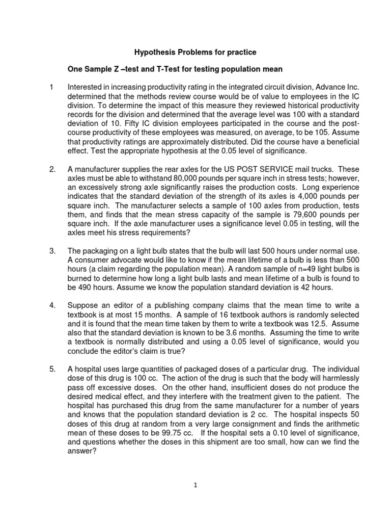 Hypothesis Testing Practice Problems | PDF | Standard Deviation