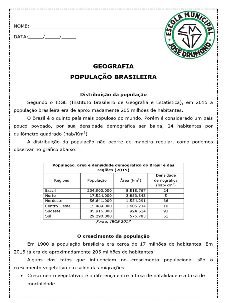 Atividade de Geografia Populacao Brasileira 5 Ano | PDF | População ...