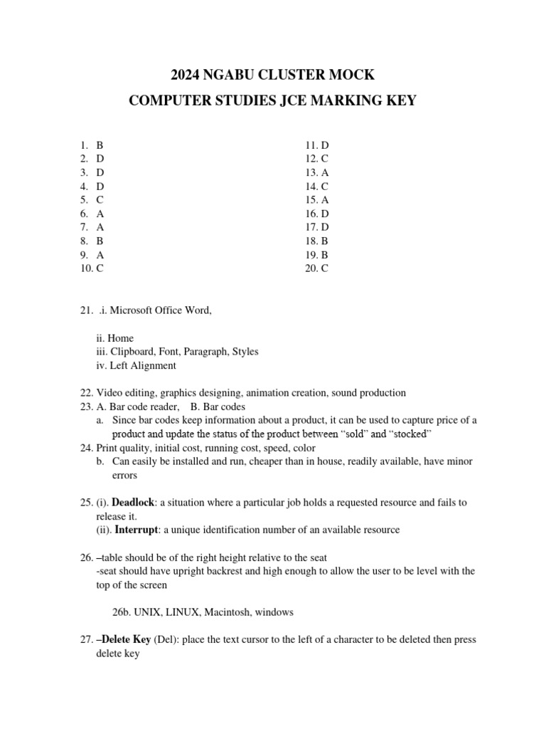 2024 Computer Studies Jce Marking Key Mock Ngabu Cluster | PDF | Disk ...