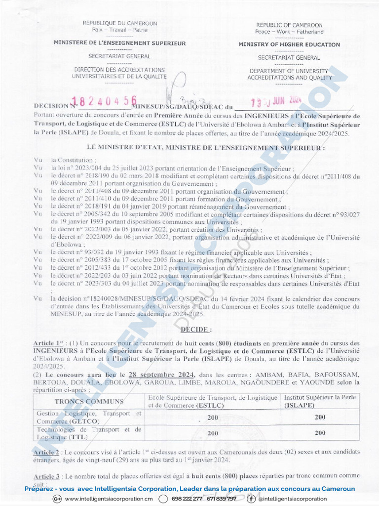 Concours ESTLC Ambam - UEb - 2024 - 1ere Annee - Ingenieurs - FR | PDF
