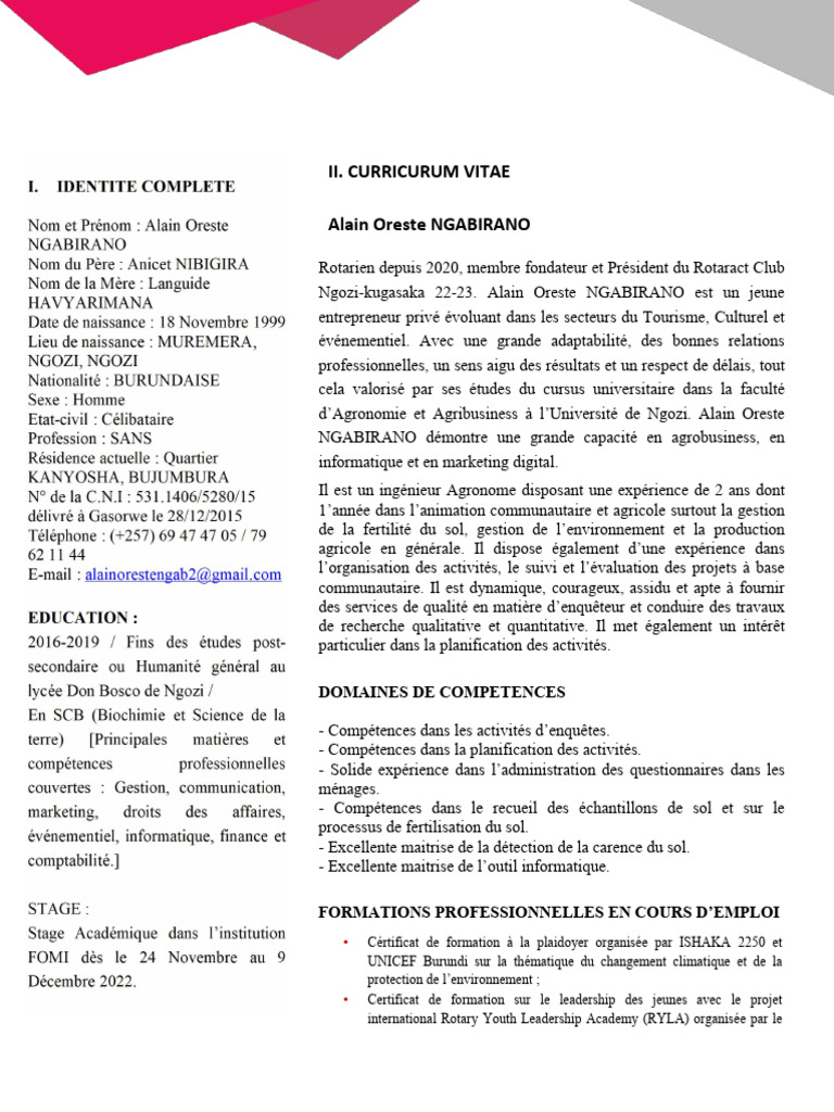 CV d'Alain Oreste Ngabirano | PDF | Burundi