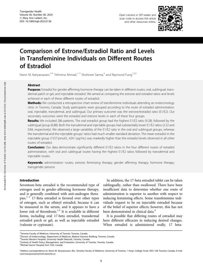 Comparison of estrone estradiol ratio and levels in transfeminine